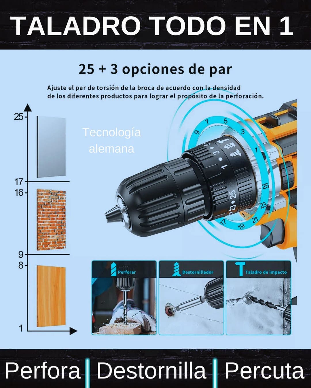 Kit Taladro Inalámbrico 3 en 1 con 2 Baterías